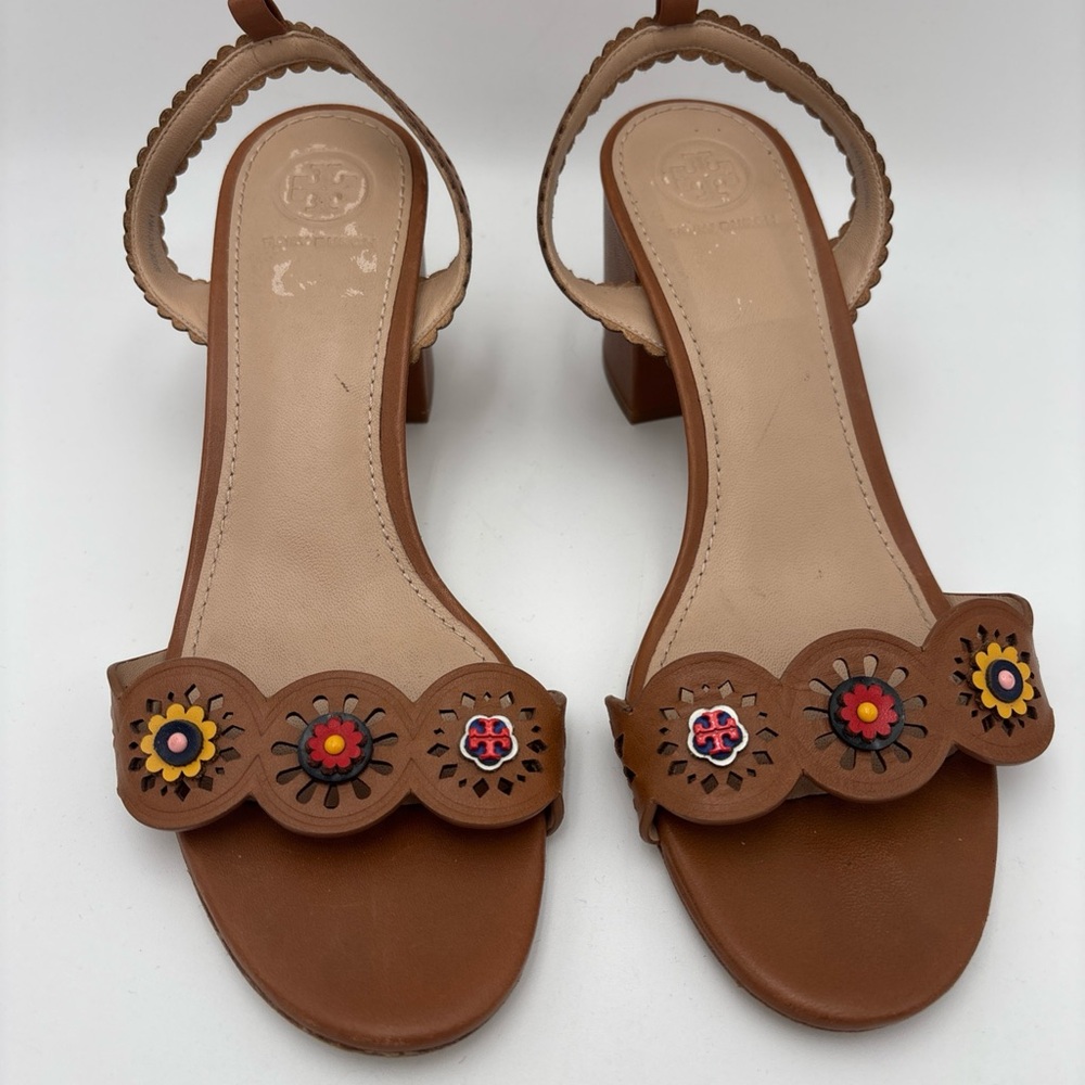 Tory Burch Tan Heels with Floral Accents‎